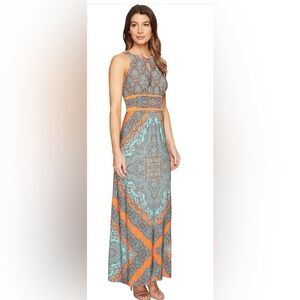 London Times Size 12 Medallion Sleeveless Halter Maxi Dress Orange and Blue NWOT